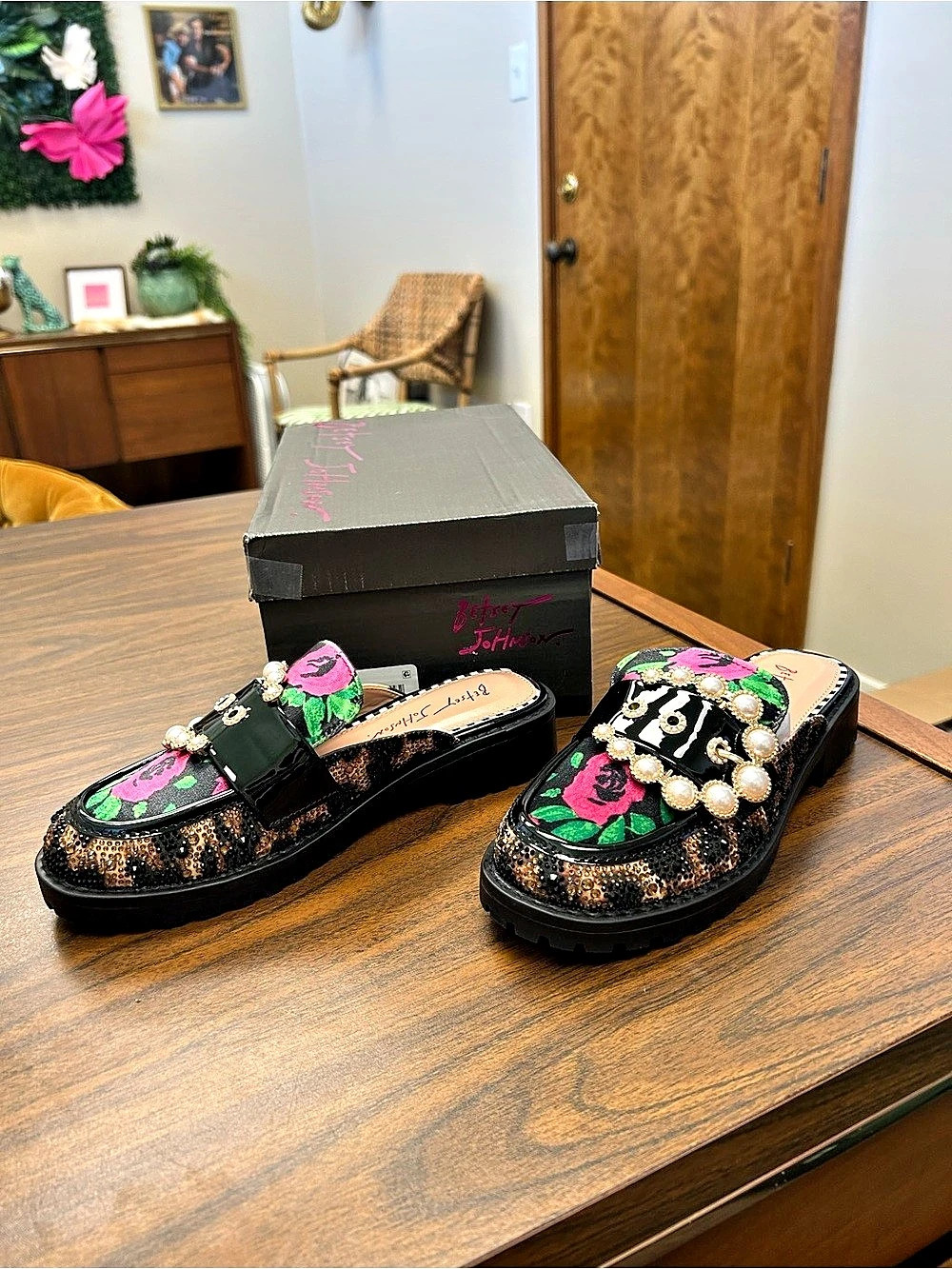 Betsey Johnson Floral Print & Leopard Embellished Platform Mules